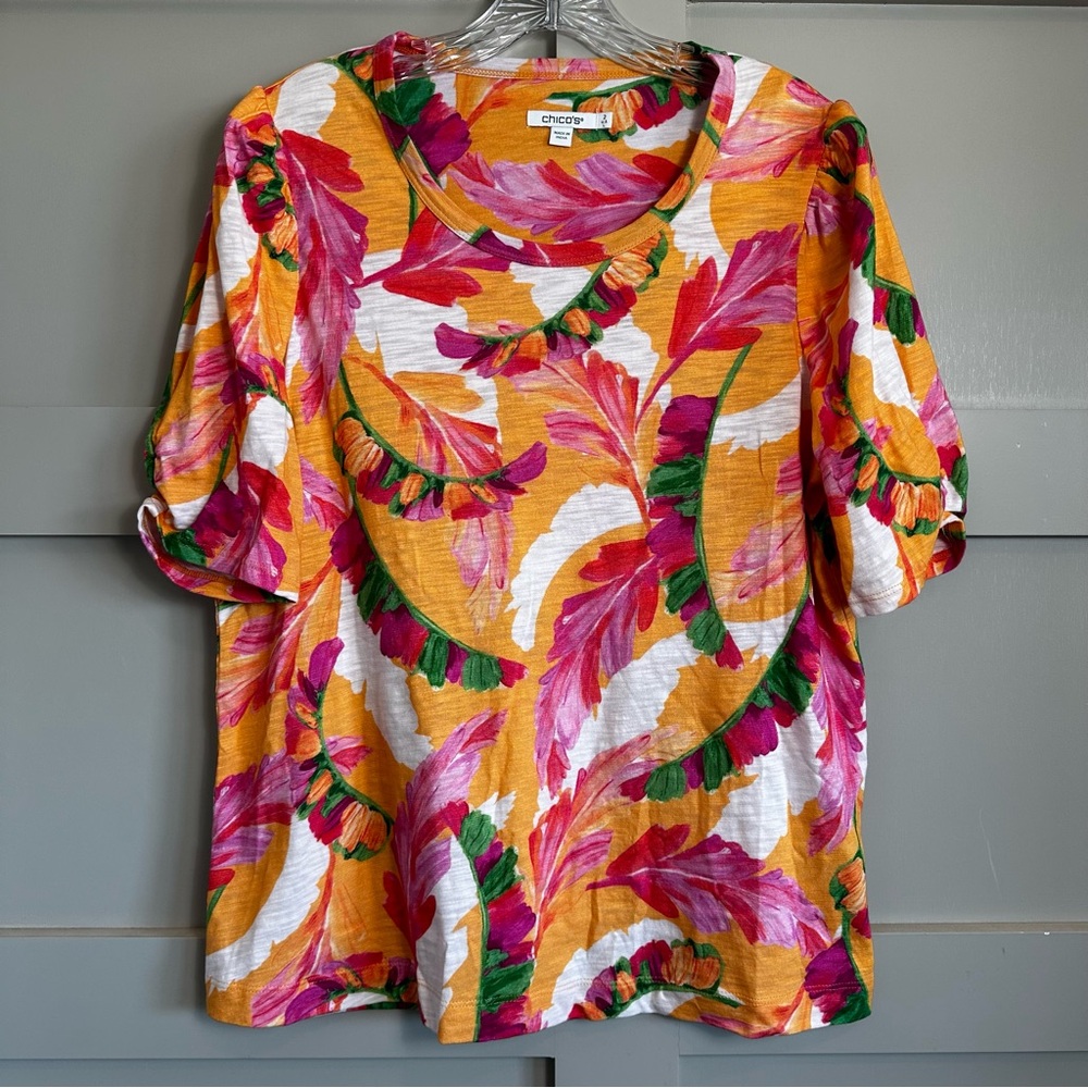 Chico's Puff Shoulder Slub Knit Top Size Smocked Cuff Floral NWT Women’s Large